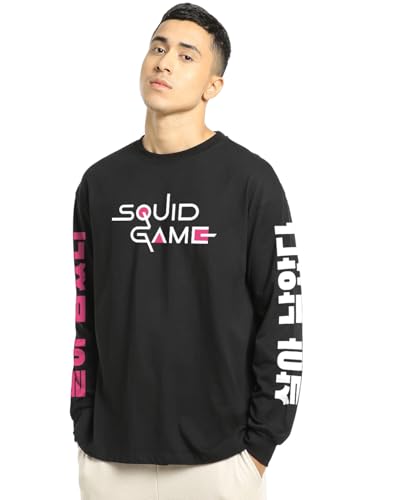Bewakoof Official Squid Game Merchandise Squid Game Mens Graphic Print Oversized Fit Full Sleeve Round Neck Cotton T-Shirt_6573