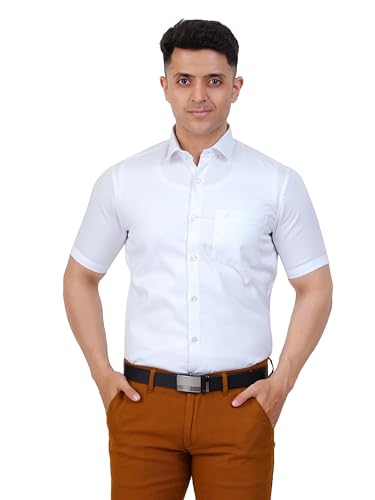 PRAKASAM COTTON Self Design Poly Cotton Moon Light White Half Sleeve Shirt for Mens/Regular Fit Half Sleeve Shirt for Mens