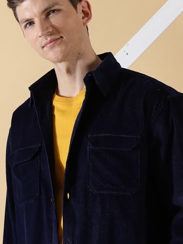 Thomas Scott Mens | Full Sleeve | Corduroy | Double Pockets | Relaxed Fit | 100% Cotton | Spread Collar | Casual | Shirts (Navy_