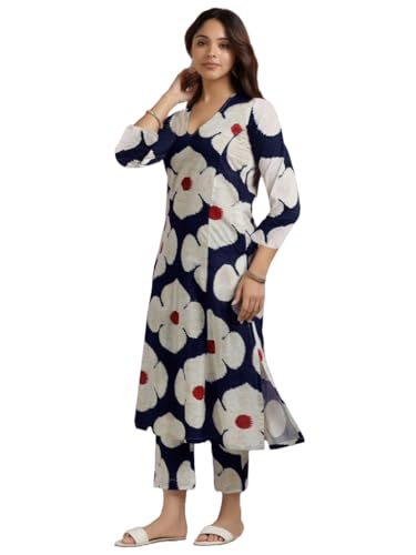 ANNI DESIGNER Women's Cotton Blend Straight Printed Kurta with Pant (Chunilal Blue_XL_Blue_X-Large)