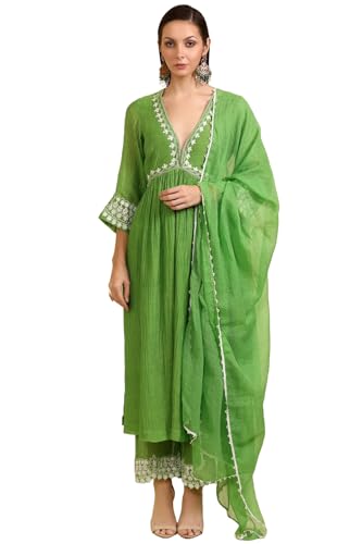 ANNI DESIGNER Womens Rayon Blend Anarkali Embroidered Kurta with Pant & Dupatta (Niket Green-VKS01_XL_Green_X-Large)