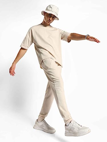 Nobero MenS Sand Oversized Moses Co-Ord Set - Brown Popcorn Textured T-Shirt & Joggers - Crew-Neck Oversized Fit For Men