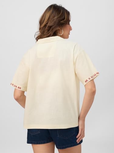 The Souled Store Cotton Linen Shirt: Kimchi Women and Girls Short Sleeves Spread Collar Graphic Printed Cotton Linen Blend Overs