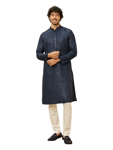Manyavar Mens Blue Art Silk Embroidered Kurta Pyjama Set
