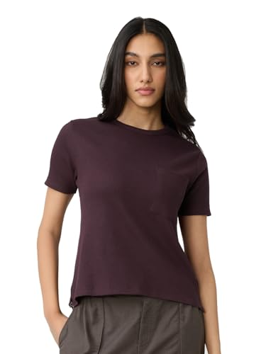 The Souled Store Textured T-Shirt: Deep Brown Women and Girls Short Sleeves Round Neck Solid Cotton Blend Relaxed Fit T-Shirts