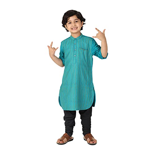 Fabindia Boy'S Viscose Silk Printed Regular Kurta_Turquoise_3-4 Year