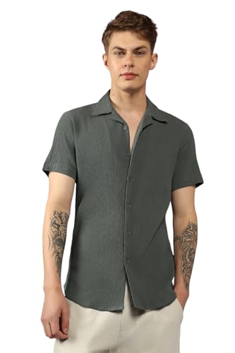 Dennis Lingo MenS| Dark Grey| Half Sleeve| Cuban Collar| Striped| Relaxed Fit| Casual Shirt