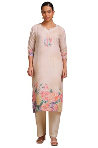 Soch Womens Beige Rayon Botanical Print Kurta with Beads