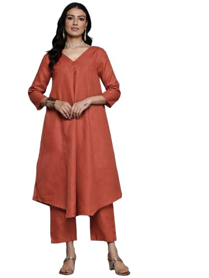 Varanga Women Orange Solid A-Line Kurta With Tonal Bottom  Comfortable And Stylish Ethnic Wear For Women