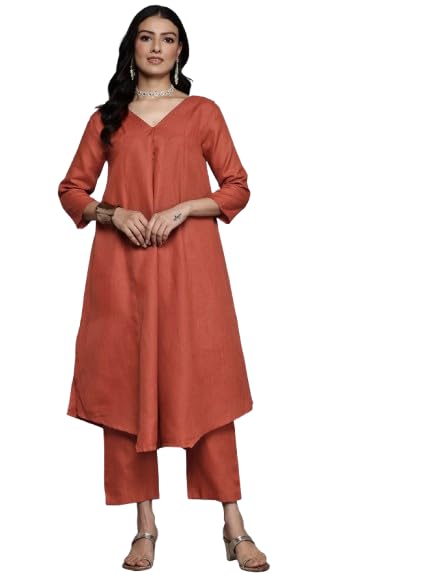 Varanga WomenS Orange Solid A-Line Kurta Paired With Tonal Bottom