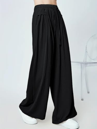 Greciilooks WomenS Loose High Rise Textured Trousers | High-Waisted Pant | Korean Trousars Black