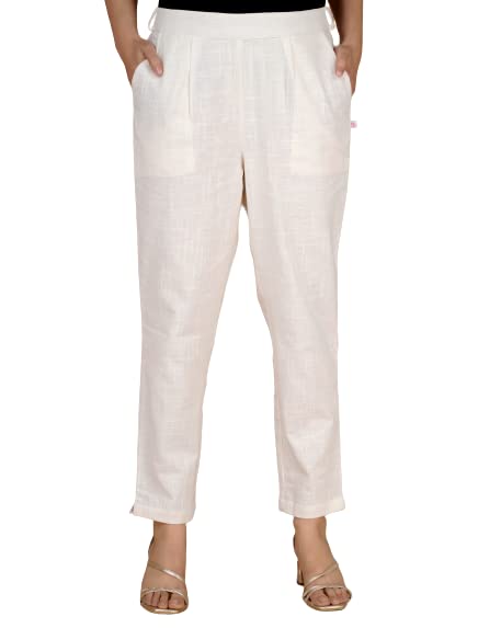 Digital Shopee Cotton Women Trouser Pant Use For Formal Office High Waist For Wide Leg Ankle Length Straight Pencil Pant (Cream_