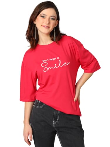 KOTTY Womens Printed, Typography Round Neck Cotton Blend 3/4 Sleeve T-Shirt(Red,XL)