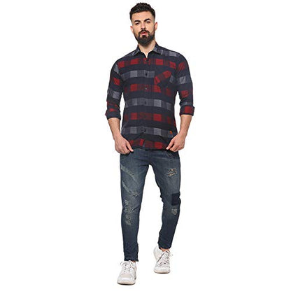 Campus Sutra Mens Navy Blue & Red Gun Club Check Shirt for Casual Wear | Spread Collar |Long Sleeve | Button Closure | Cotton S