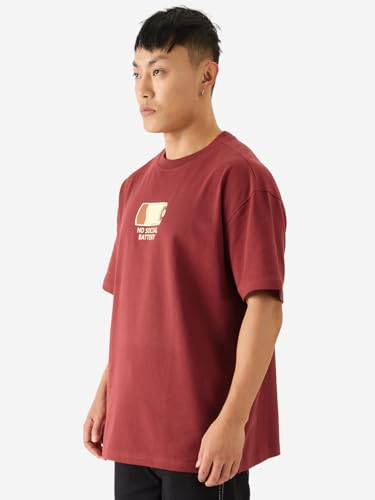 The Souled Store No Social Battery Drop Shoulder Short Sleeve Round Neck Maroon Graphic Printed Cotton Oversized Baggy T-Shirts