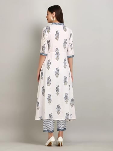 Tee Projekt WomenS Cotton Blend Collared Neck Block Printed Kurta Pant With Dupatta Set White