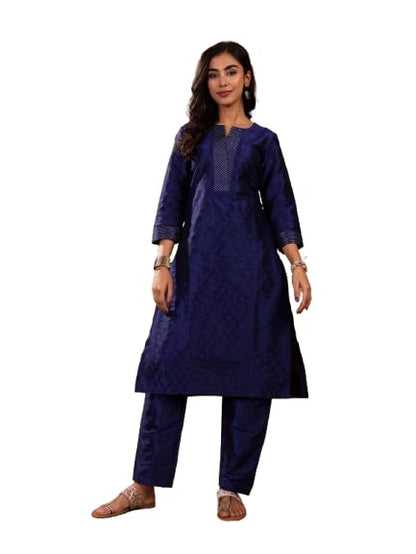 VARANGA Women's Navy Blue Ethnic Kurta Set ?Straight Fit Dobby Textured Kurta with Zari Couching & Calf-Length Trouser