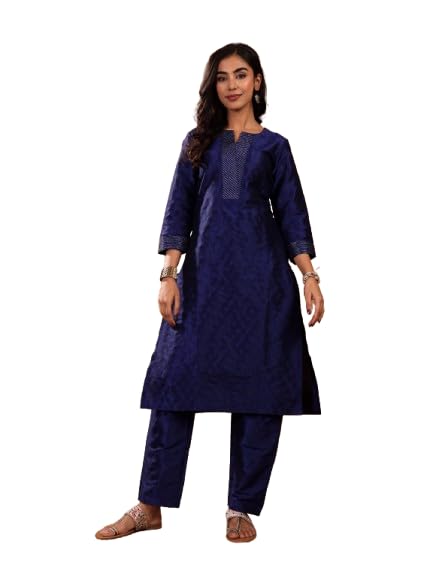 VARANGA Women's Navy Blue Ethnic Kurta Set ?Straight Fit Dobby Textured Kurta with Zari Couching & Calf-Length Trouser