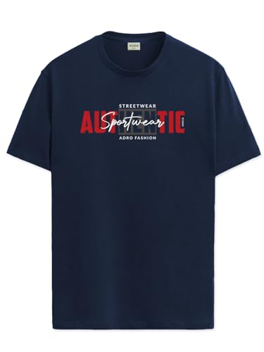 ADRO Men's Graphic Printed 100% Cotton T-Shirt - Regular Fit, Printed T-Shirts for Men (RN24-SPT-NB_Navy_XL)