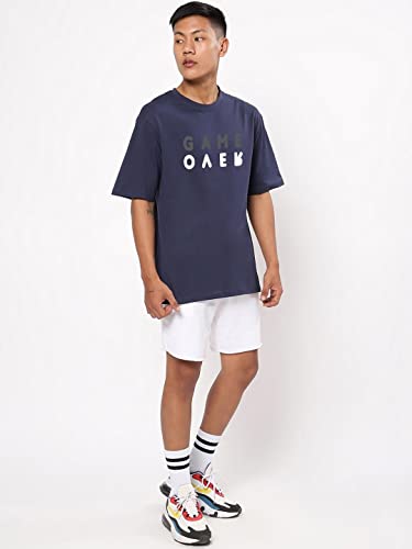 Bewakoof Mens Typography 100% Cotton T-Shirt - Oversized Fit, Round Neck, Half Sleeves Blue