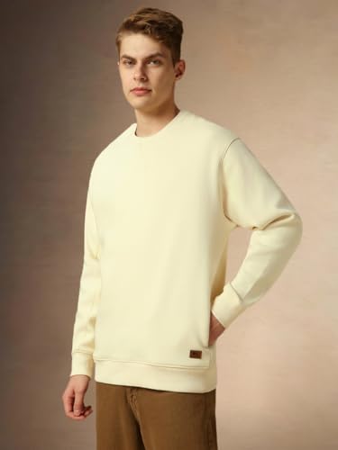 Dennis Lingo Men Off-White Solid Relaxed Fit Full Sleeve Mock Collar Sweatshirt