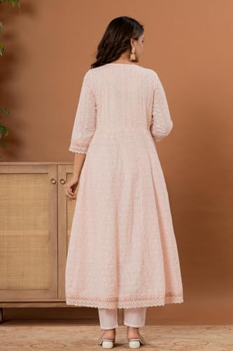 VARANGA Women Foil Printed Embroidered Schiffli Anarkali Kurta Paired With Bottom And Dupatta