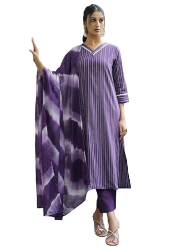 Sanisa Women's Cotton Sequence Work & Woven Straight Kurta with Pant and Dupatta Set