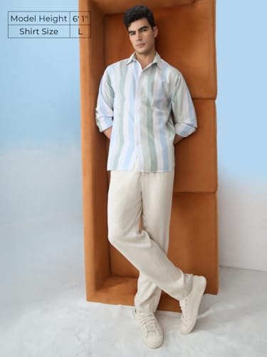 The Souled Store Cotton Linen Stripes: Seaside Men and Boys Long Sleeve Collared Neck Button Front Light Green and White Striped
