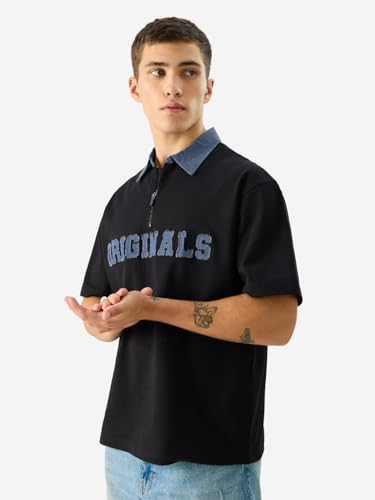 The Souled Store Ogs Only Men And Boys Short Sleeve Collared Neck Black And Blue Embellished Cotton Oversized Polos