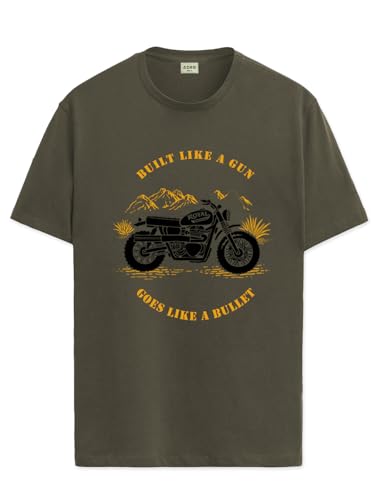 ADRO Men's Royal Bike Design Printed 100% Cotton T-Shirt - Regular Fit, Printed T-Shirts for Men (RN24-RYL-OL_Olive_XL)