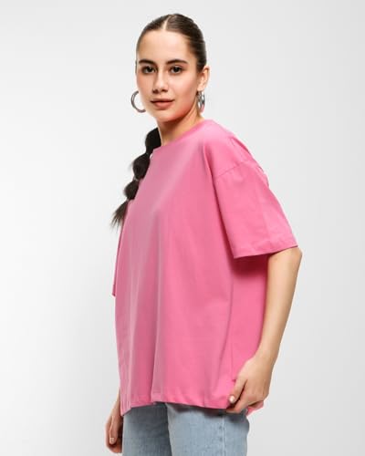 Bewakoof Womens Bubble Pink Round Neck Half Sleeve Oversized T-Shirt