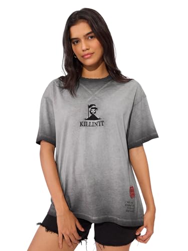 The Souled Store Killing It Women and Girls Short Sleeve Round Neck Black Graphic Printed Cotton Oversized T-Shirts