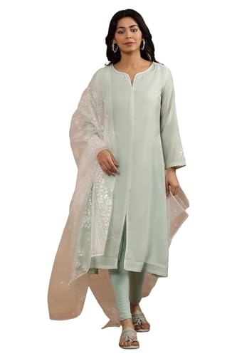 W for Woman W Women Green Festive Solid Viscose Kurta Set With Tight & Dupatta
