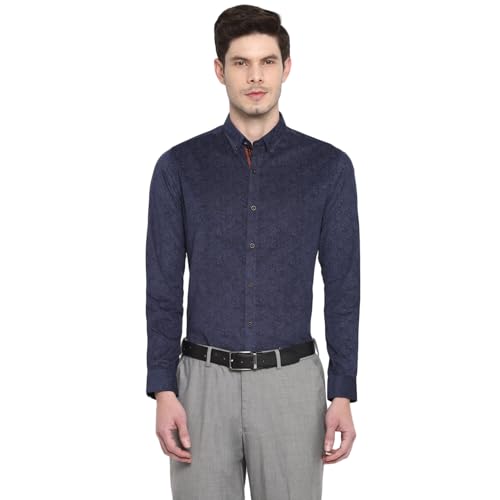 Turtle Men Cord Slim Fit Printed Full Sleeve Formal Shirt Navy Blue