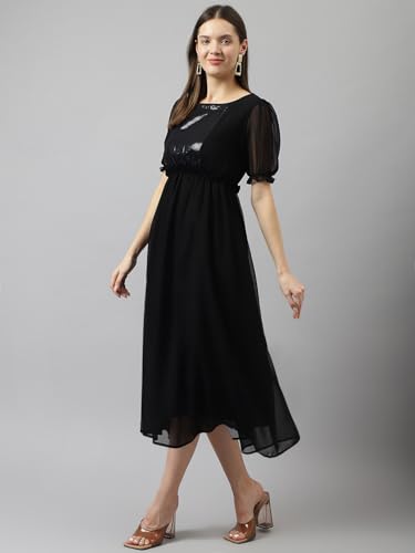 Toochki Kurti for Women| Women Kurti | One Piece Kurti for Women Long | Flared Sequince Work Kurti | Black Fit and Flared Kurti | Midi Length Kurti | Western Kurti (TKCBL-GE-136-BK-KR $Parents)