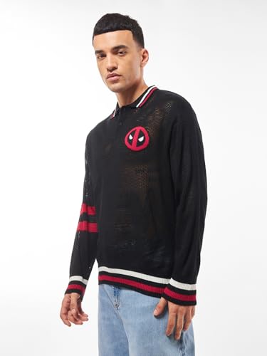 Bewakoof Air 1.0 Official Marvel Merchandise Deadpool Mens Typography Oversized Fit Full Sleeve Polo Neck Cotton Sweater_644526