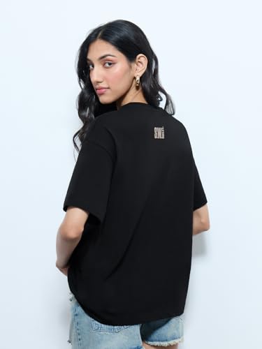 The Souled Store Smiley: Glitter Getter Women and Girls Short Sleeves Round Neck Black Graphic Printed Cotton Oversized T-Shirts