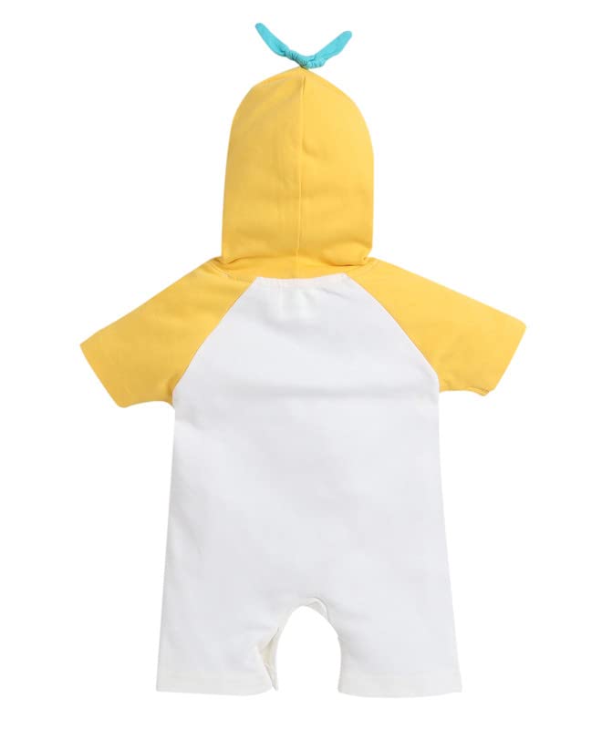 Bumzee White & Yellow Boys Half Sleeves Thigh Length Hooded Romper