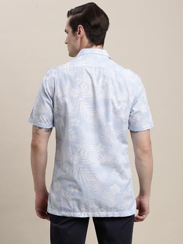 Turtle Men Cotton Tencel Light Blue Printed Half Sleeve Casual Shirt