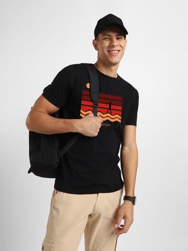 Nobero MenS Graphic Regular Fit T-Shirt (1M-Twts-C0701_Black/Marine