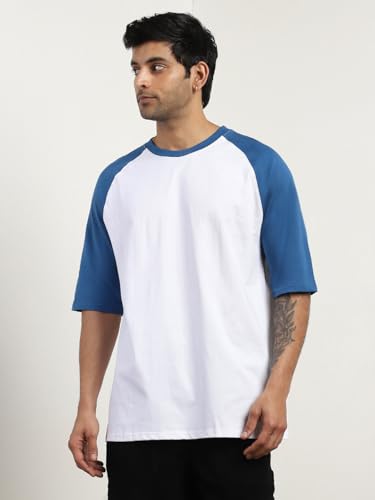 Nobero MenS Colorblock Oversized Fit T-Shirt (1M-Twts-R0103-Bl_White-Blue