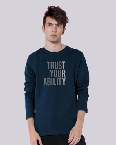 Bewakoof Mens Printed 100% Cotton T-Shirt - Regular Fit, Round Neck, Full Sleeves Blue