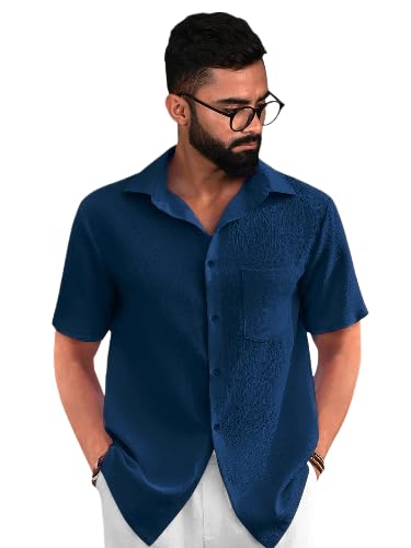 PinkMint Popcorn Shirt for Men ll Textured Shirts for Men ll Stylish Half Sleeve Shirt ll Goa Wear ll Regular Fit Shirt Dark Blu