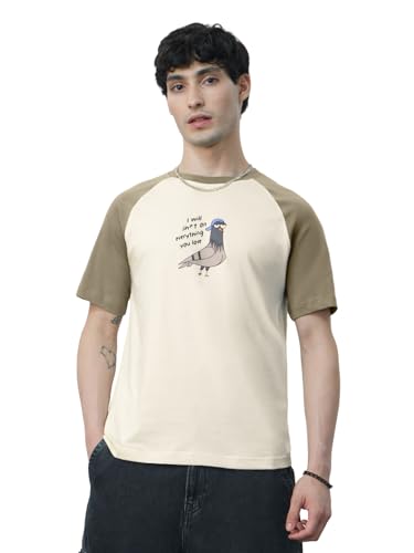 The Souled Store Pigeon: Men and Boys Short Sleeves Round Neck Off White Graphic Printed Cotton Relaxed Fit T-Shirts