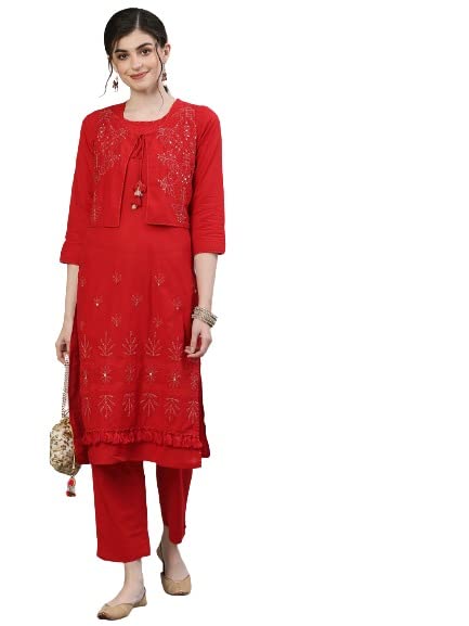 ishin Women's Pure Cotton Straight Embroidered Sequinned Floral print Red Kurta suit set with Trouser