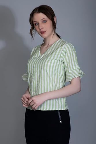 Leriya Fashion WomenS Western Striped V-Neck Tops | Ruffle Sleeves | Comfortable Cotton Printed Button Down Tops For Casual | O
