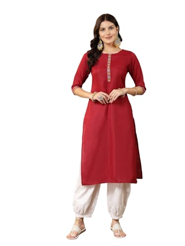 Stylum Women's Self Designed Cotton Blend Straight Kurta (Isabel_Maroon)