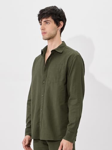 The Souled Store Solids: Olive Green Men And Boys Collared Neck Long Sleeve Button Front Regular Fit Cotton Linen Shirts Solid S