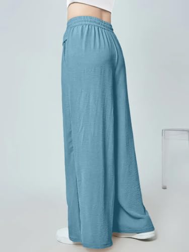 Greciilooks WomenS Loose High Rise Textured Trousers | High-Waisted Pant | Korean Trousars Light Blue