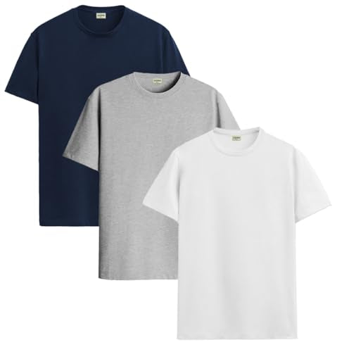 ADRO Men's Solid Regular Fit T-Shirt (RCM3-PLN-NB-WH-GR_Navy,White,Grey